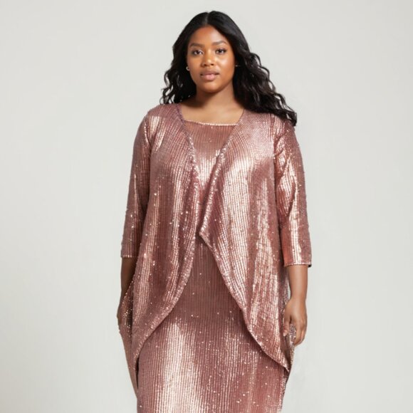 New Formal Plus Size Dress w/ Round Neck Sequins Embroidery & Relaxed Fit T9001 - Picture 3 of 9